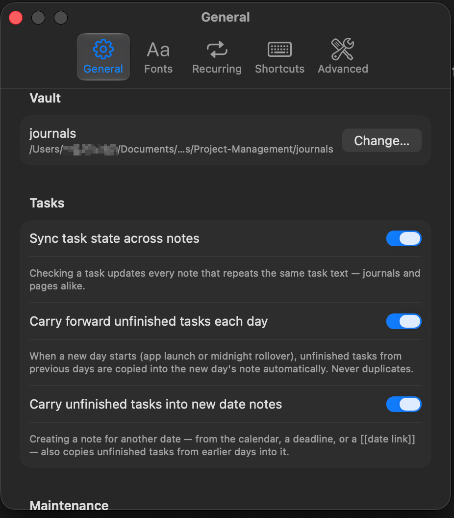 General settings pane