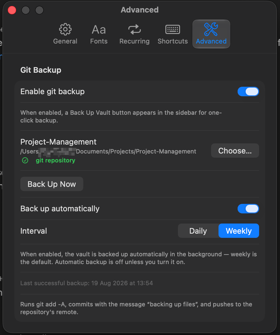 Git backup settings in the Advanced pane