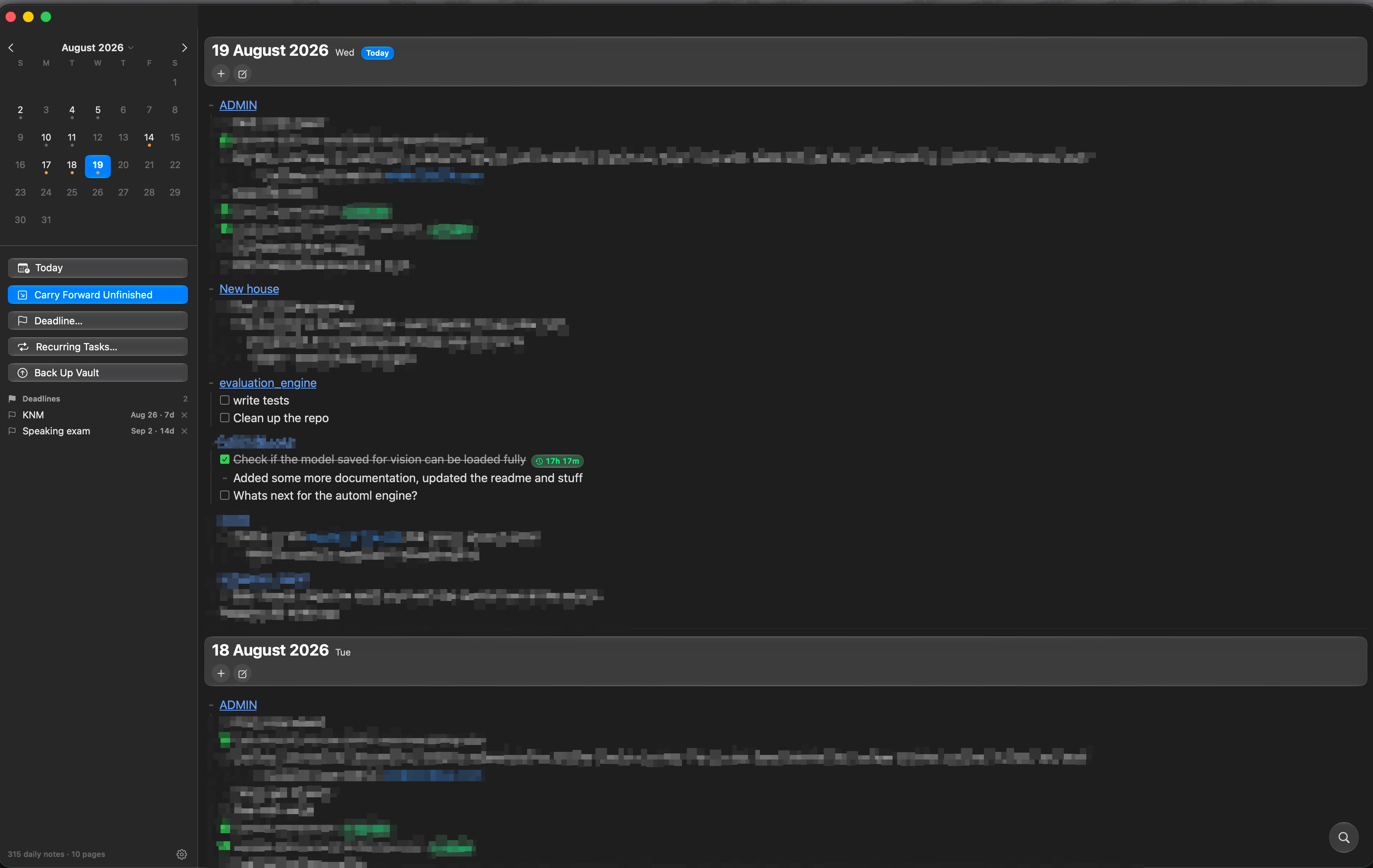 DayStream main window showing the daily-notes stream and calendar sidebar