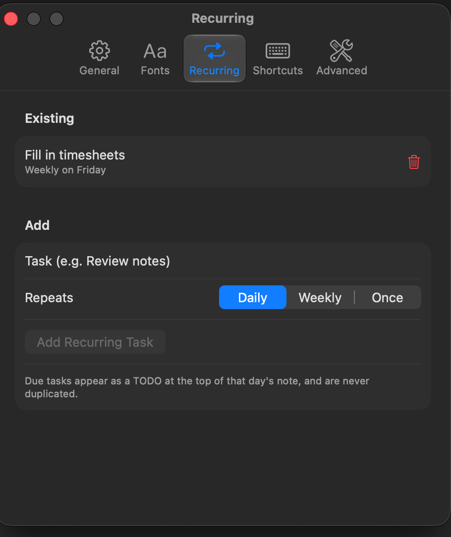 Recurring tasks and deadlines in the sidebar