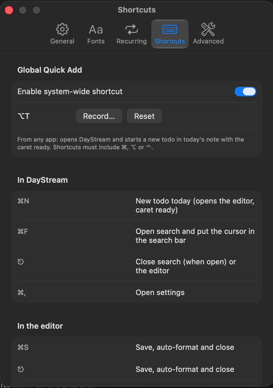 Shortcut reference and global quick-add recorder in settings
